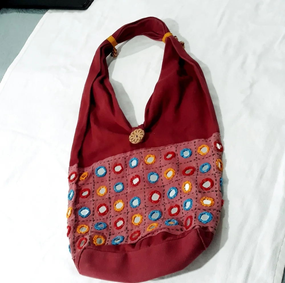 Boho Bag Shoulder/Crossbody Red and Multicolor With Mirrors Designed